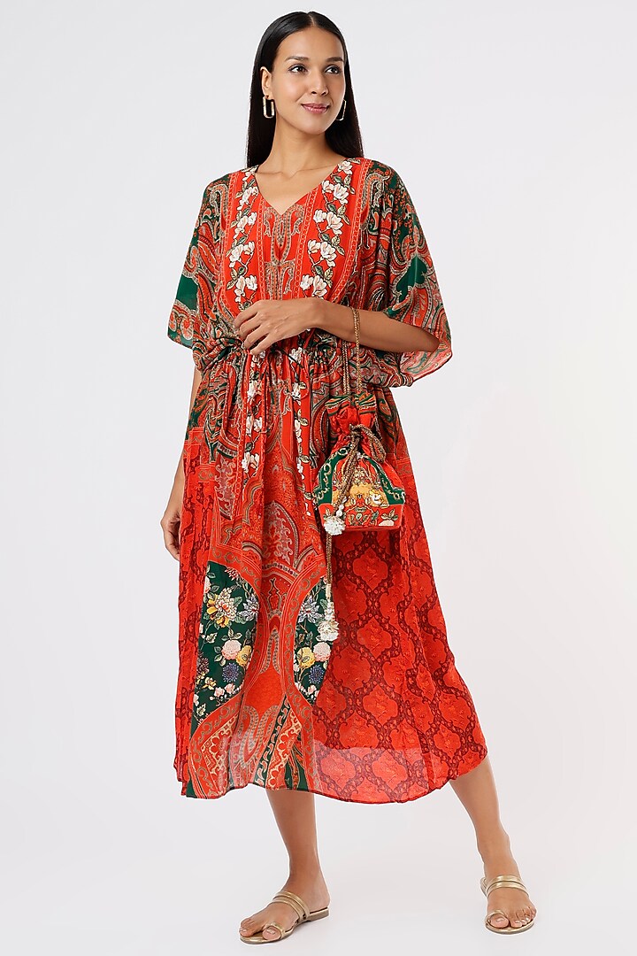 Red Digital Printed Kaftan by CHARU PARASHAR