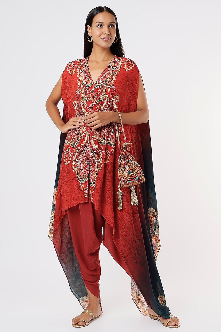 Red High-Low Digital Printed Kaftan Set by CHARU PARASHAR at Pernia's Pop Up Shop