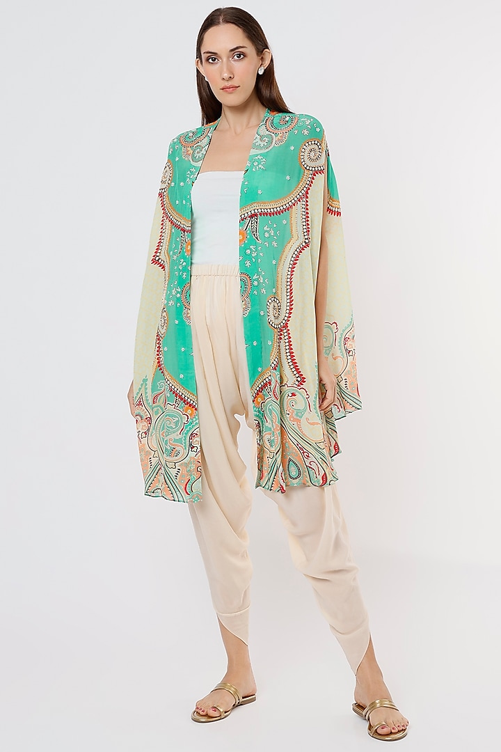 Turquoise Printed High-Low Cape by CHARU PARASHAR
