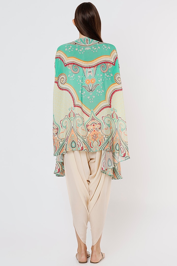 Turquoise Printed High-Low Cape by CHARU PARASHAR at Pernia's Pop Up Shop