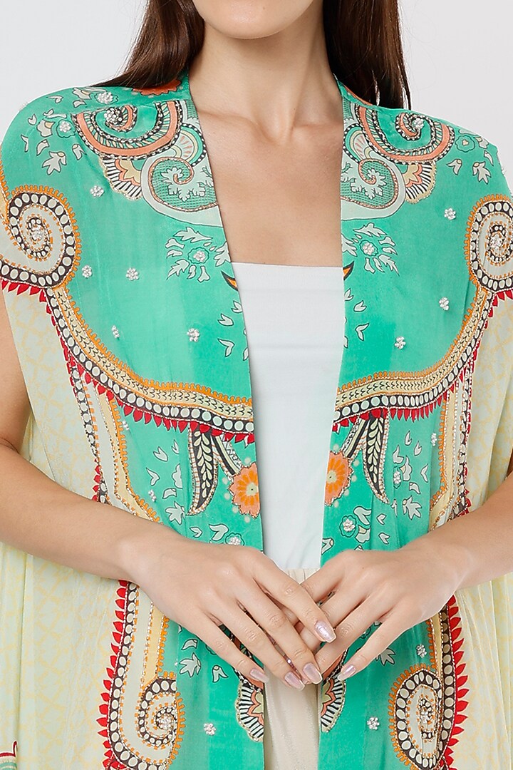 Turquoise Printed High-Low Cape by CHARU PARASHAR at Pernia's Pop Up Shop