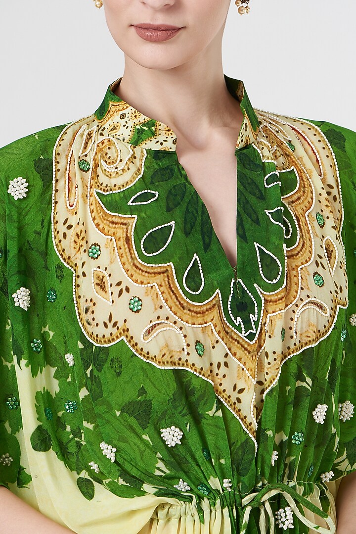 Green & Ivory Embellished Kaftan by CHARU PARASHAR at Pernia's Pop Up Shop