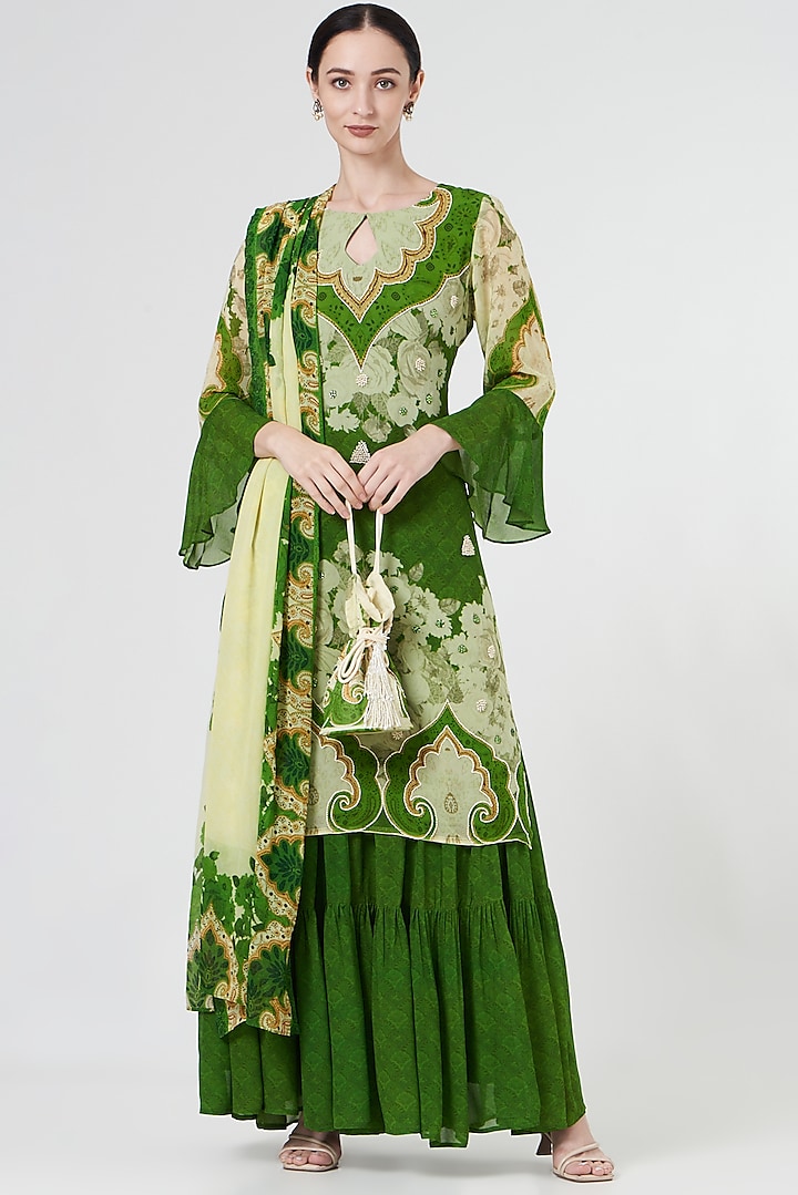 Green & Ivory Georgette Sharara Set by CHARU PARASHAR