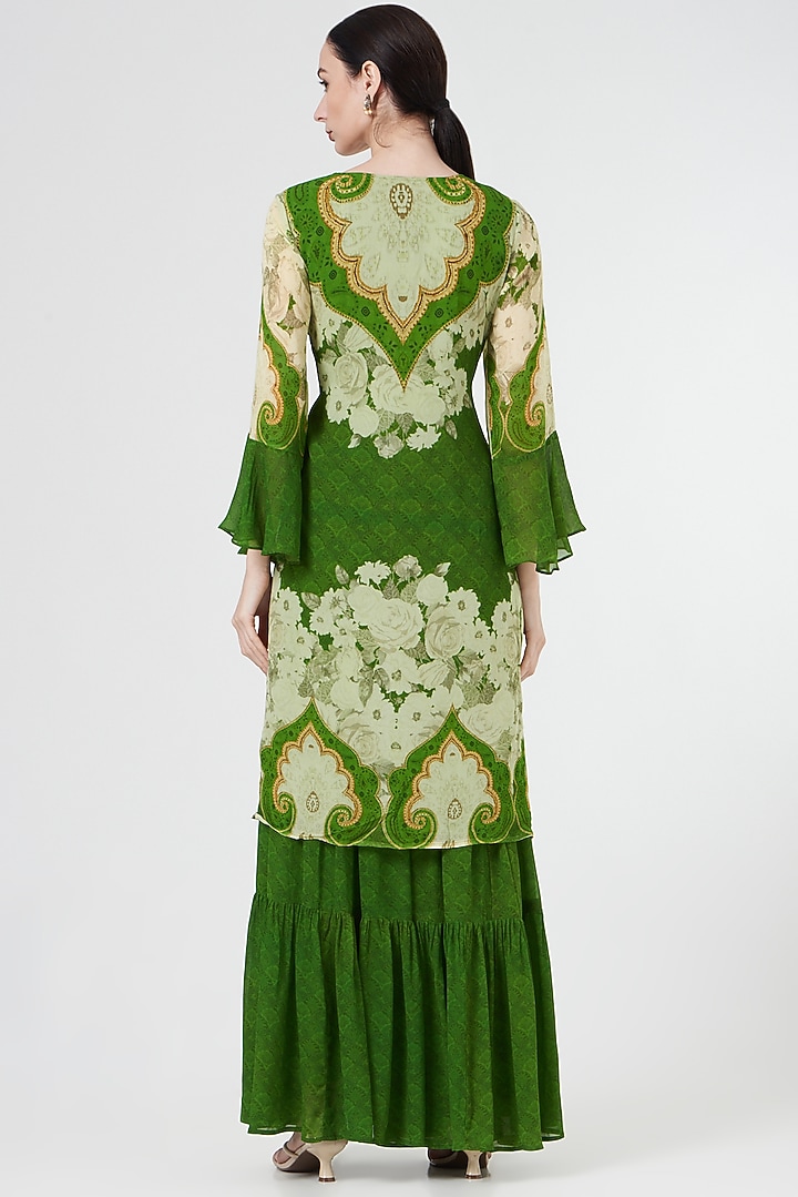 Green & Ivory Georgette Wedding Sharara Set by CHARU PARASHAR at Pernia's Pop Up Shop