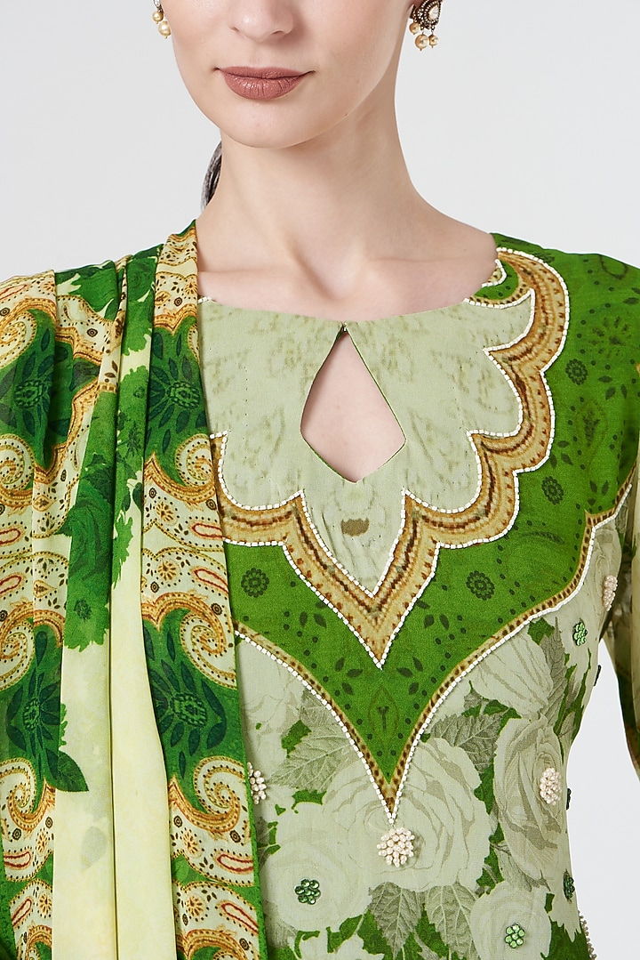 Green & Ivory Georgette Wedding Sharara Set by CHARU PARASHAR at Pernia's Pop Up Shop
