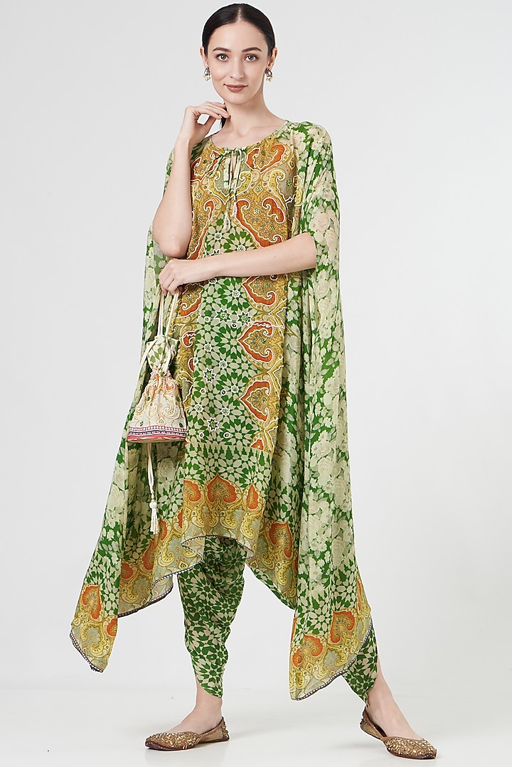 Green & Ivory Embellished Cape Set by CHARU PARASHAR