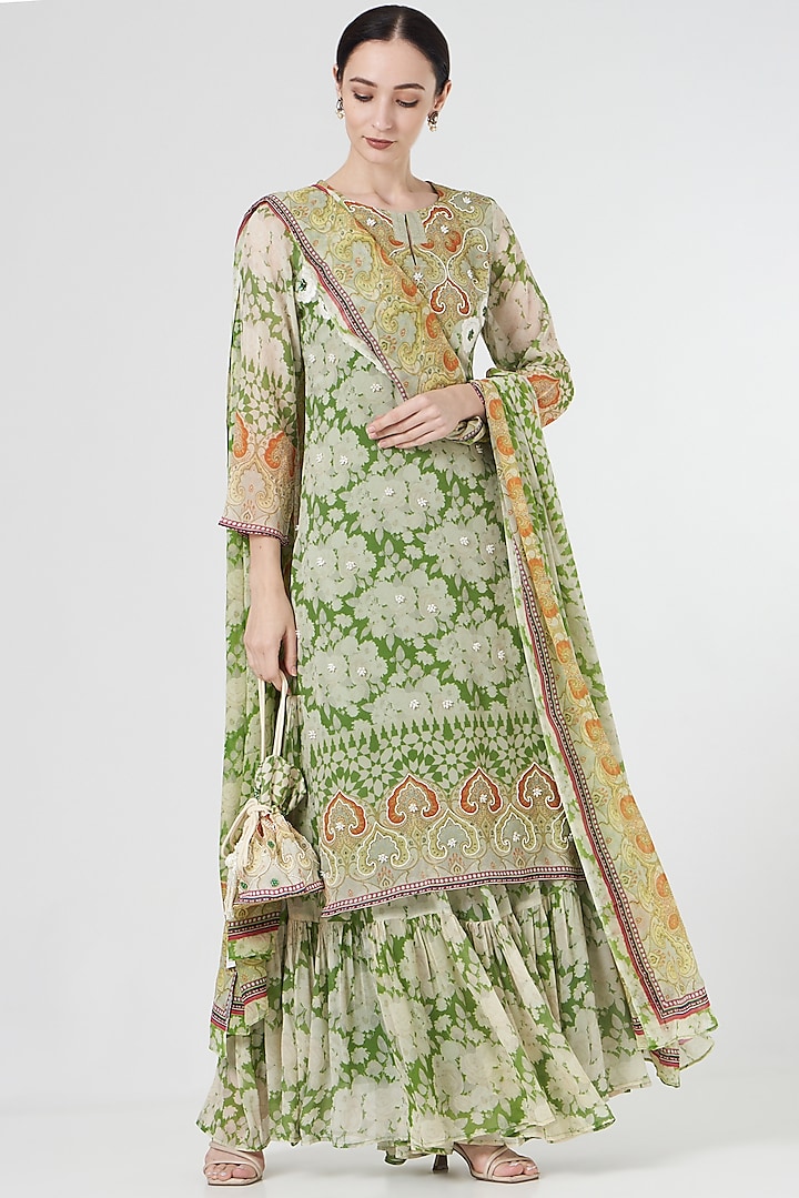 Green & Ivory Printed Sharara Set by CHARU PARASHAR