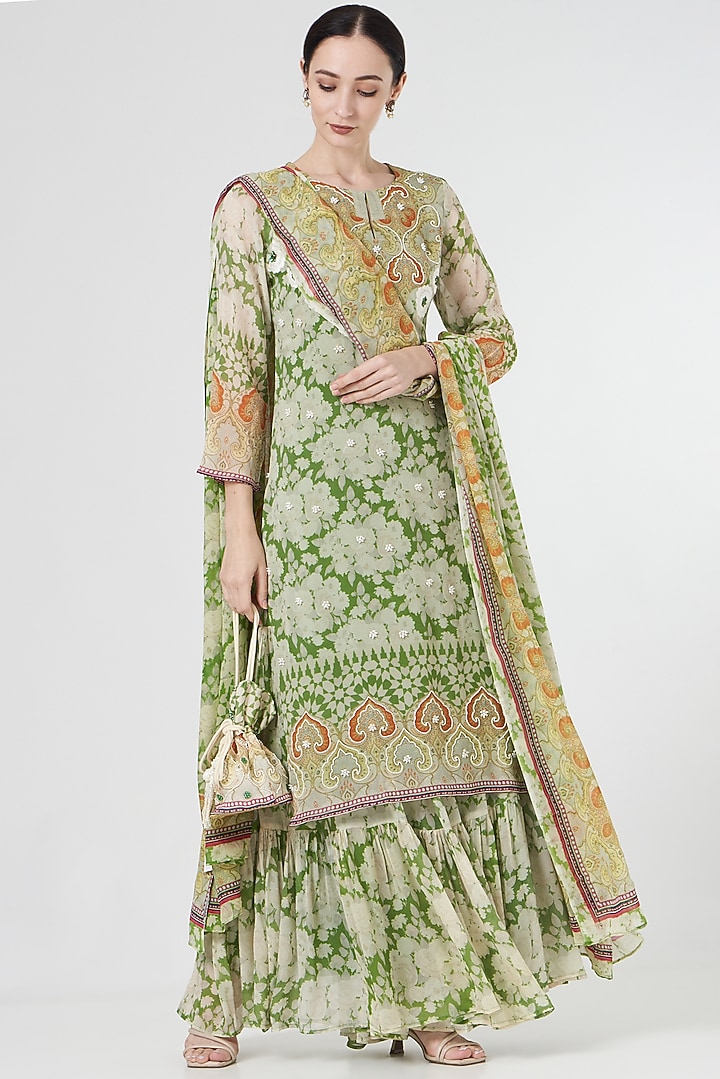 Green & Ivory Printed Wedding Sharara Set by CHARU PARASHAR at Pernia's Pop Up Shop