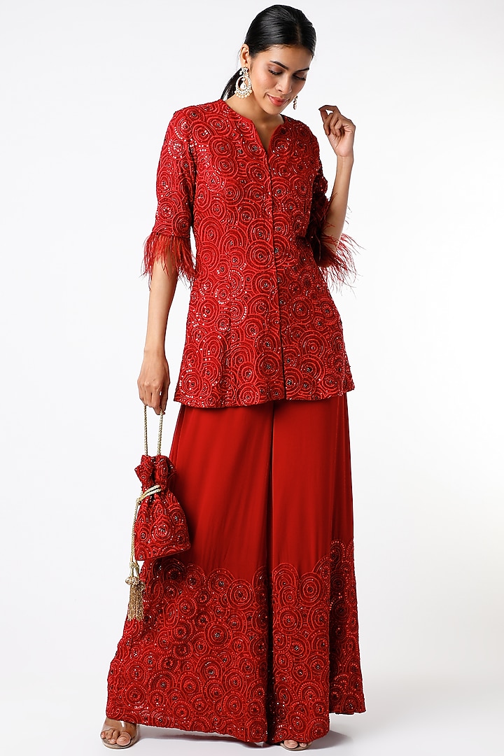 Red Embroidered Kurta Set by CHARU PARASHAR