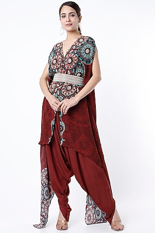 Maroon Digital Printed Cape Set by CHARU PARASHAR