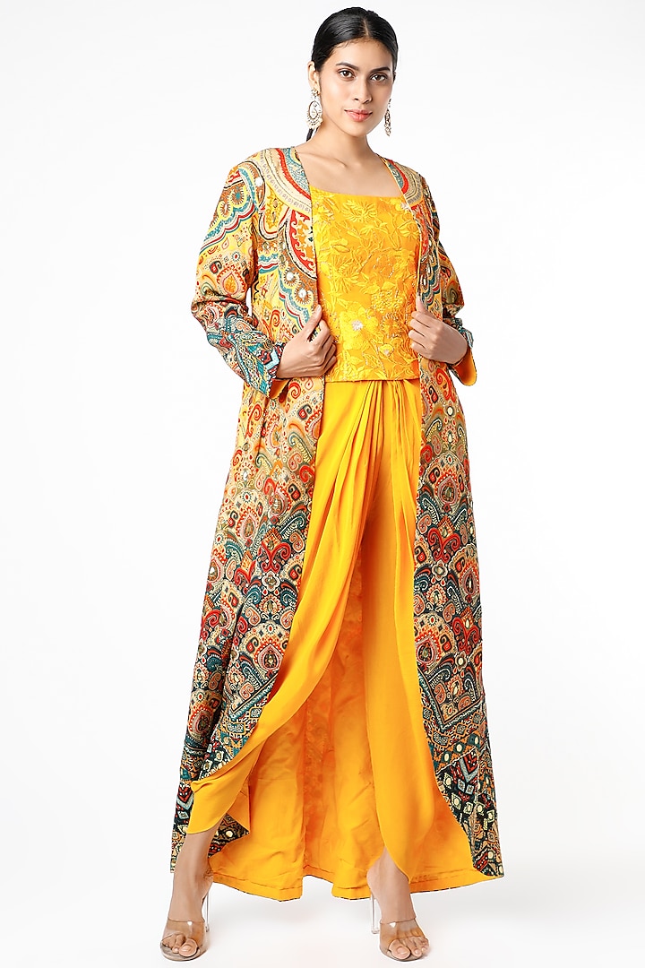 Yellow Digital Printed Jacket Set by CHARU PARASHAR