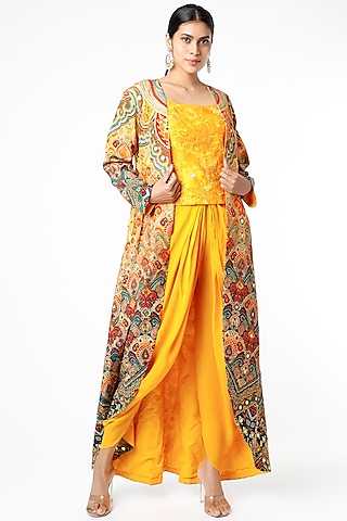 Yellow Digital Printed Jacket Set by CHARU PARASHAR