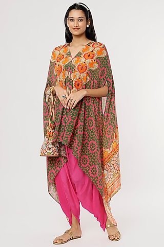 Hot Pink & Green Printed Cape Set by CHARU PARASHAR