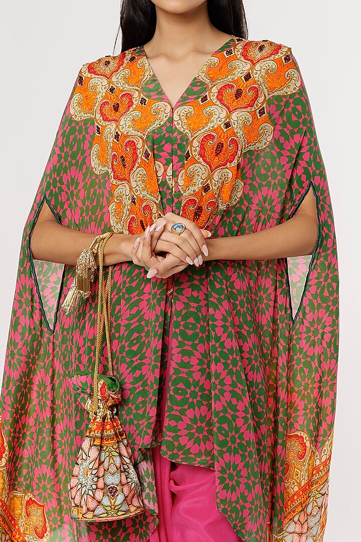 Hot Pink & Green Printed Cape Set by CHARU PARASHAR at Pernia's Pop Up Shop