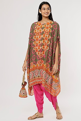 Hot Pink & Green Printed Cape Set by CHARU PARASHAR