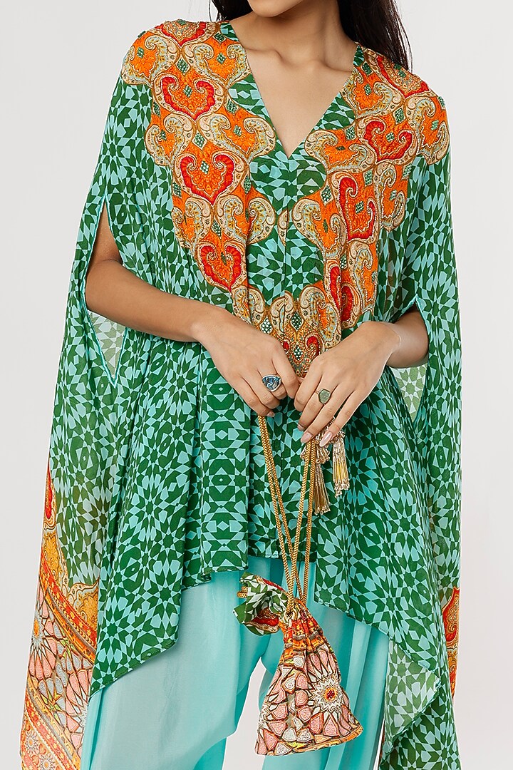 Sky Blue & Green Digital Printed Cape Set by CHARU PARASHAR at Pernia's Pop Up Shop
