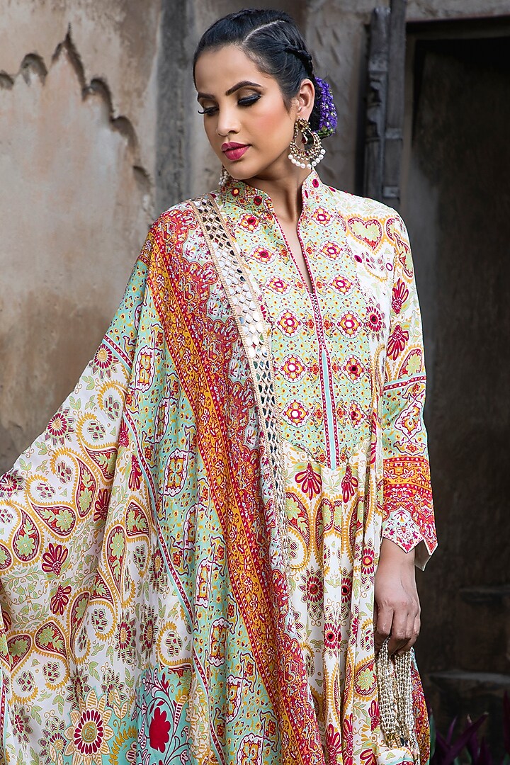 Multi-Colored Crepe Printed Wedding Anarkali Set by CHARU PARASHAR at Pernia's Pop Up Shop