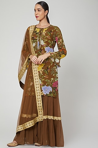 Brown Printed & Embroidered Sharara Set by CHARU PARASHAR