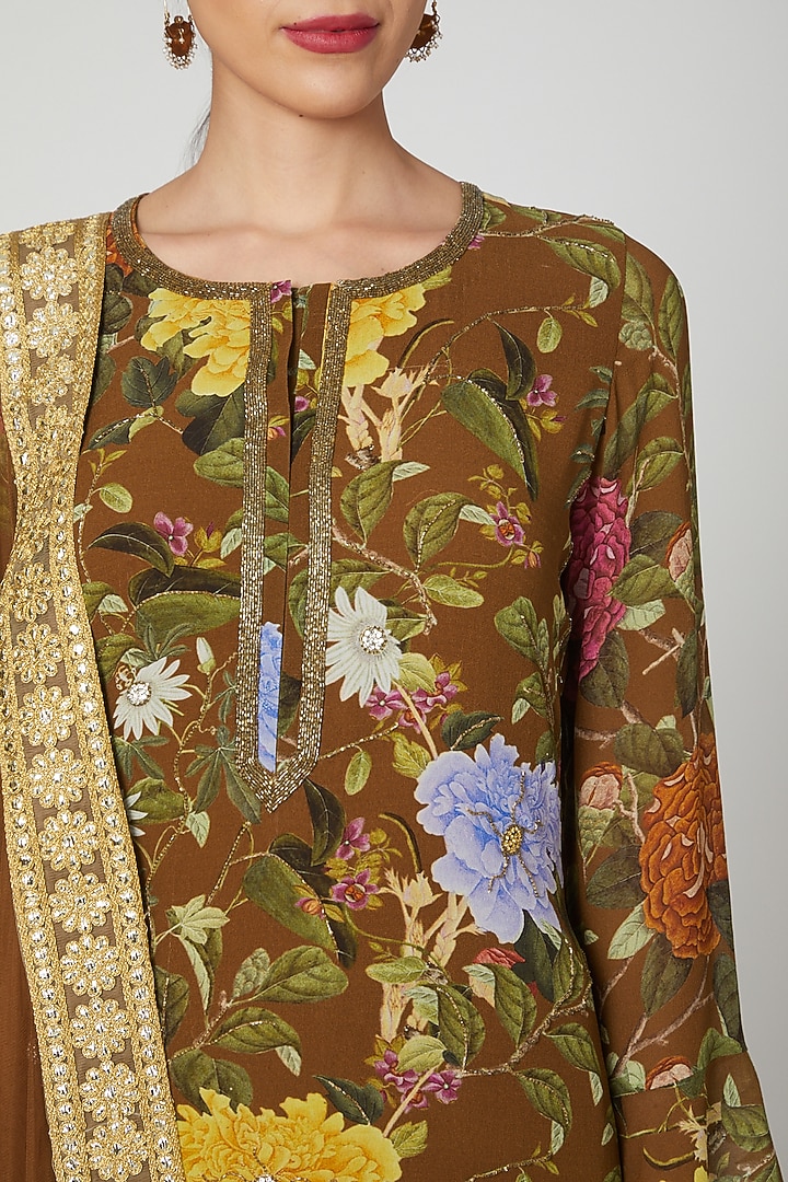 Brown Printed & Embroidered Wedding Sharara Set by CHARU PARASHAR at Pernia's Pop Up Shop