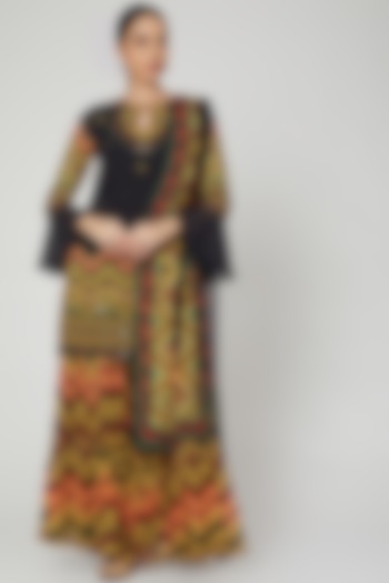 Black Printed & Embroidered Sharara Set by CHARU PARASHAR at Pernia's Pop Up Shop