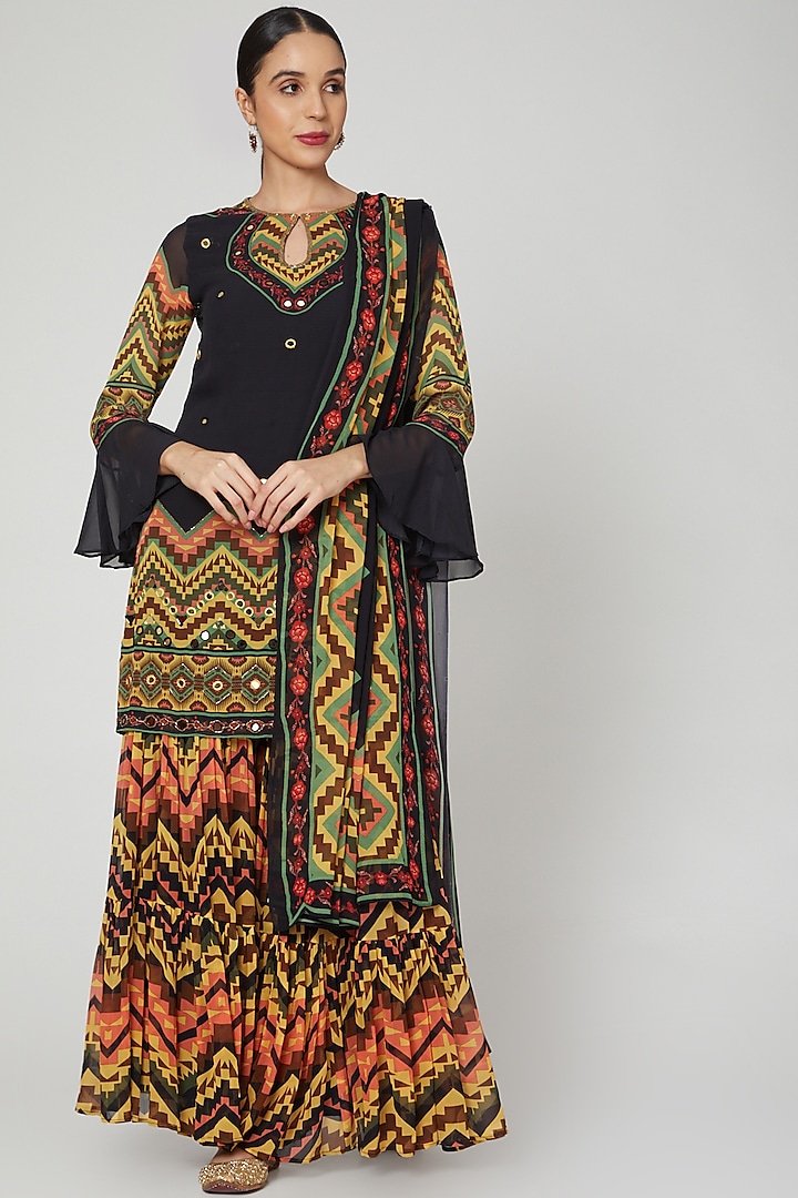 Black Printed & Embroidered Sharara Set by CHARU PARASHAR at Pernia's Pop Up Shop