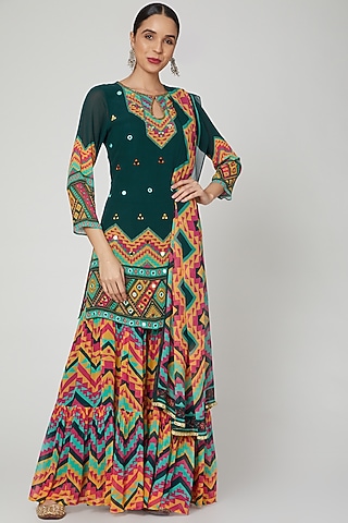 Teal Printed & Embroidered Sharara Set by CHARU PARASHAR