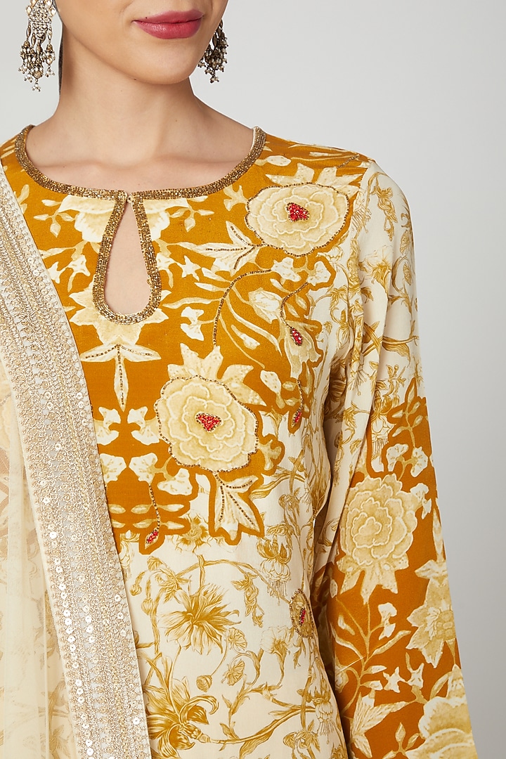 Cream Brown Printed & Embroidered Wedding Sharara Set by CHARU PARASHAR at Pernia's Pop Up Shop