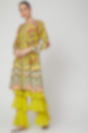 Yellow Printed & Embroidered Jacket With Sharara by CHARU PARASHAR