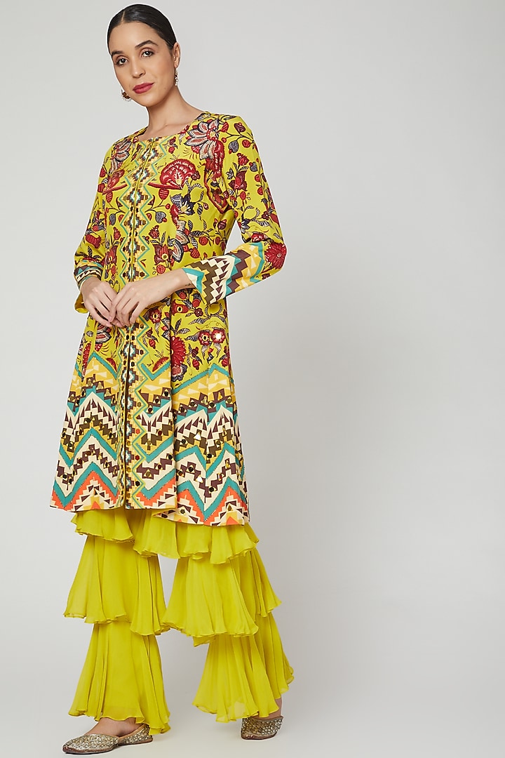 Yellow Printed & Embroidered Jacket With Sharara by CHARU PARASHAR