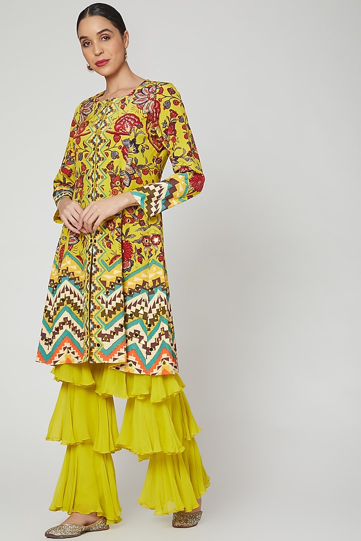 Yellow Printed & Embroidered Jacket With Sharara by CHARU PARASHAR at Pernia's Pop Up Shop