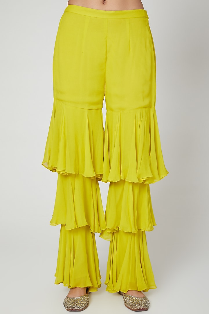 Yellow Printed & Embroidered Jacket With Sharara by CHARU PARASHAR at Pernia's Pop Up Shop
