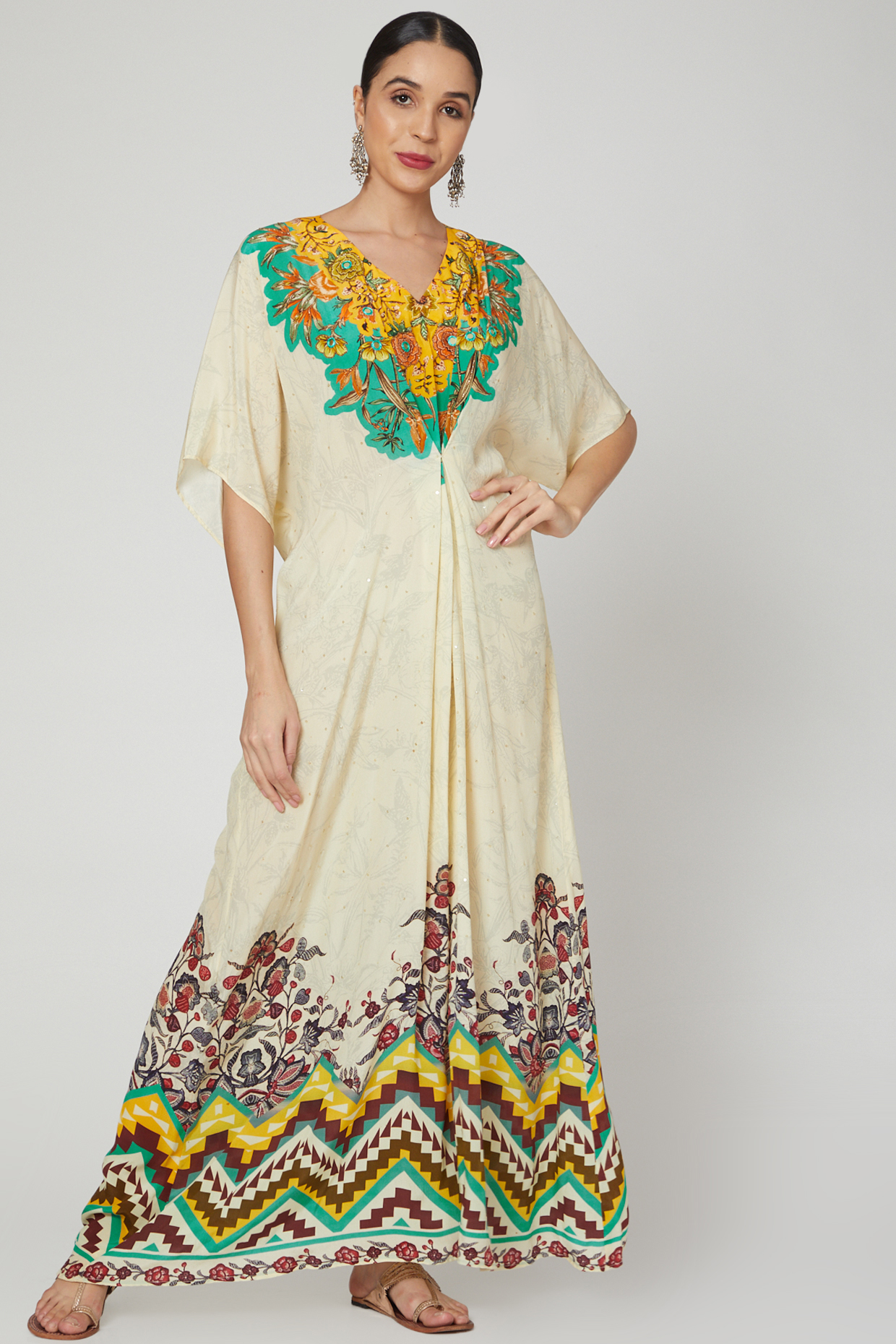 Cream Printed & Embroidered Kaftan by CHARU PARASHAR at Pernia's Pop Up Shop