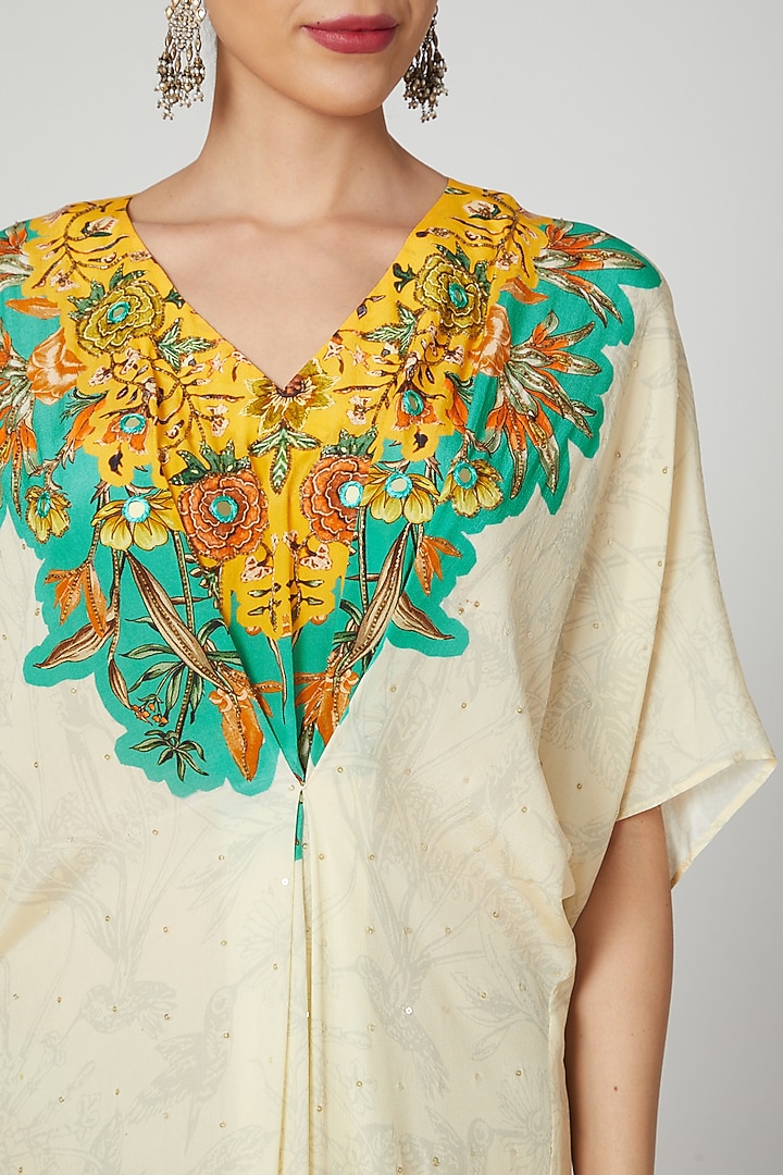 Cream Printed & Embroidered Kaftan by CHARU PARASHAR at Pernia's Pop Up Shop