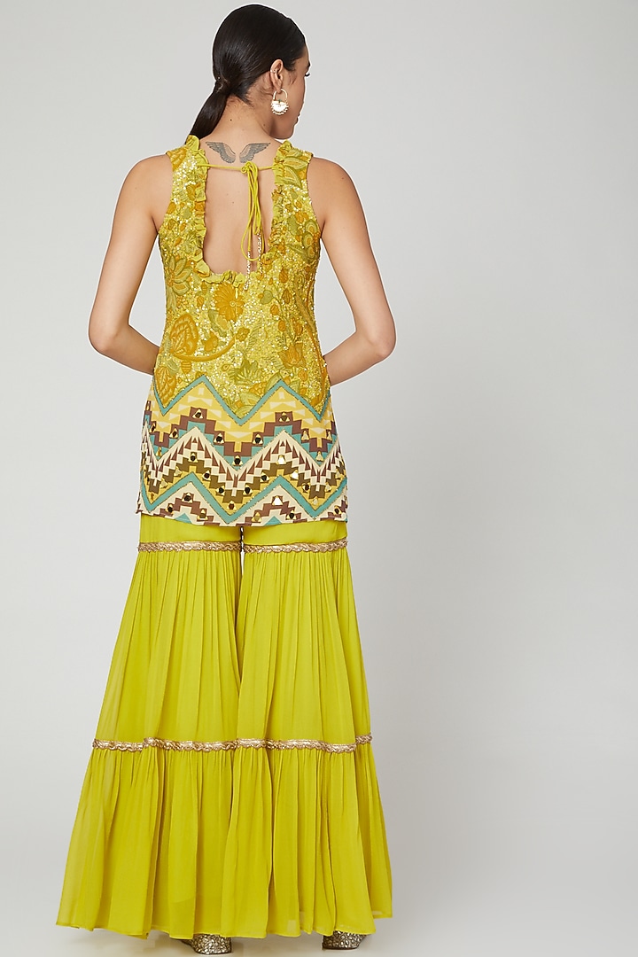 Yellow Printed & Embroidered Wedding Sharara Set by CHARU PARASHAR at Pernia's Pop Up Shop