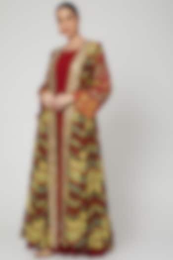 Red Printed & Embroidered Cape Set by CHARU PARASHAR