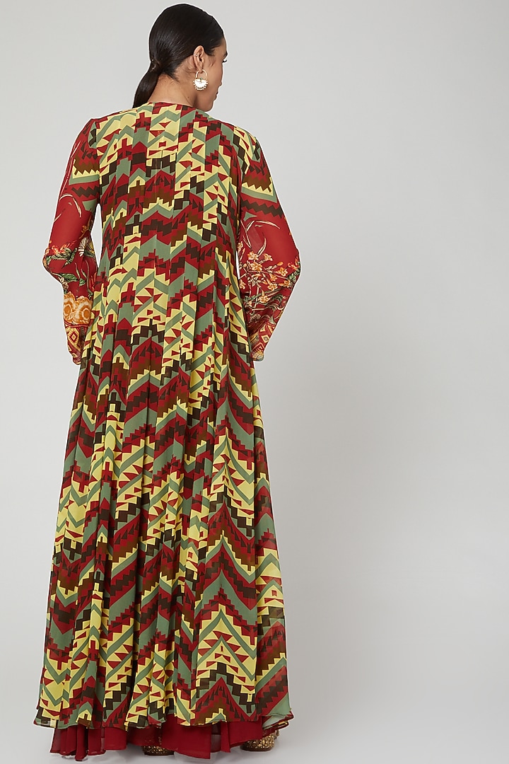 Red Printed & Embroidered Cape Set by CHARU PARASHAR at Pernia's Pop Up Shop