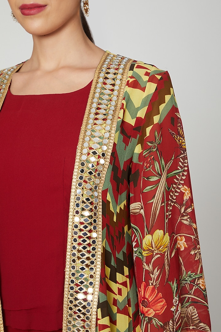 Red Printed & Embroidered Cape Set by CHARU PARASHAR at Pernia's Pop Up Shop