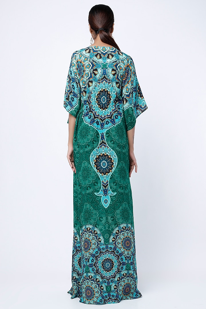 Bluish Green Printed Kaftan With Potli Bag by CHARU PARASHAR at Pernia's Pop Up Shop