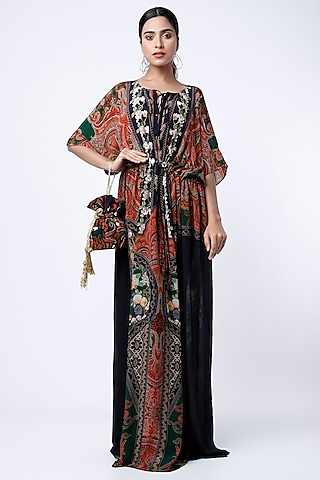 Black Digital Printed Kaftan With Potli Bag by CHARU PARASHAR