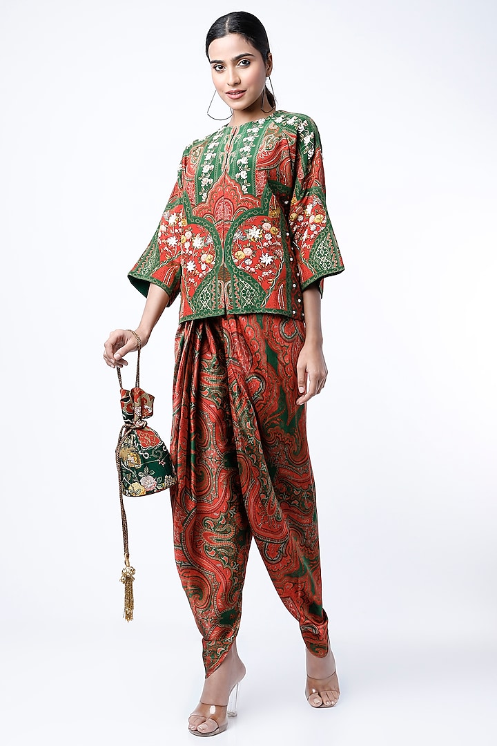 Red Printed Dhoti Set by CHARU PARASHAR