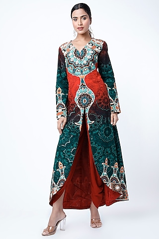 Blue & Red Digital Printed Jacket Set by CHARU PARASHAR