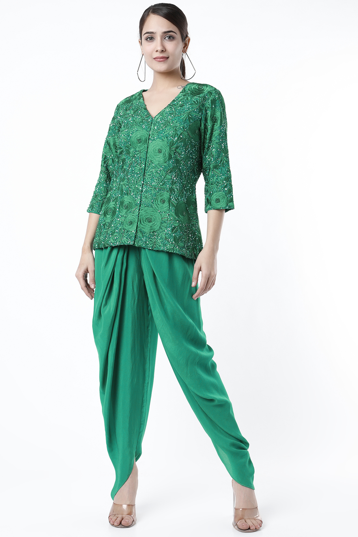 Turquoise Sequins Hand Embroidered Jacket Set by CHARU PARASHAR at Pernia's Pop Up Shop