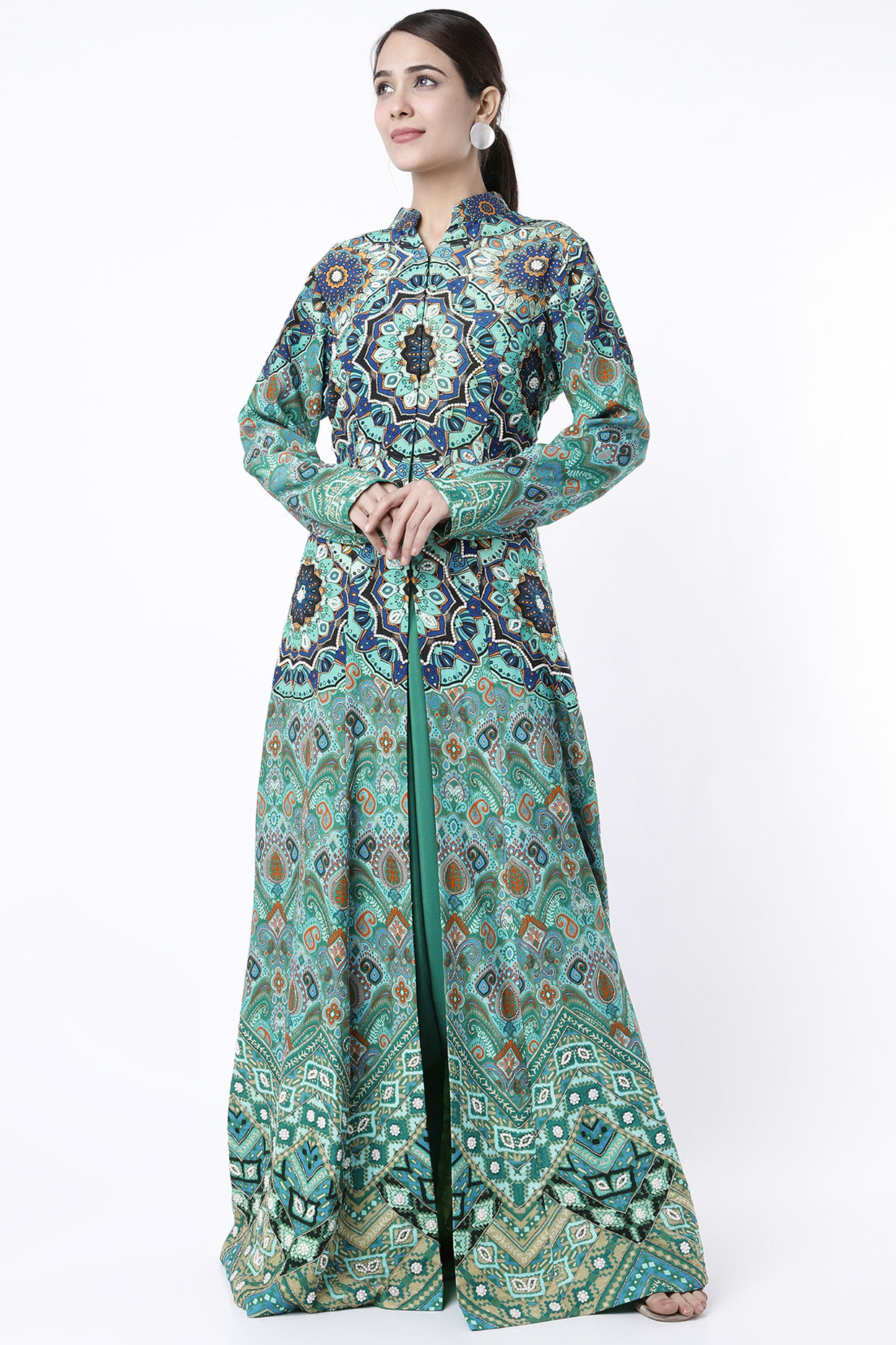 Turquoise Sequins Embroidered Jacket Set by CHARU PARASHAR at Pernia's Pop Up Shop
