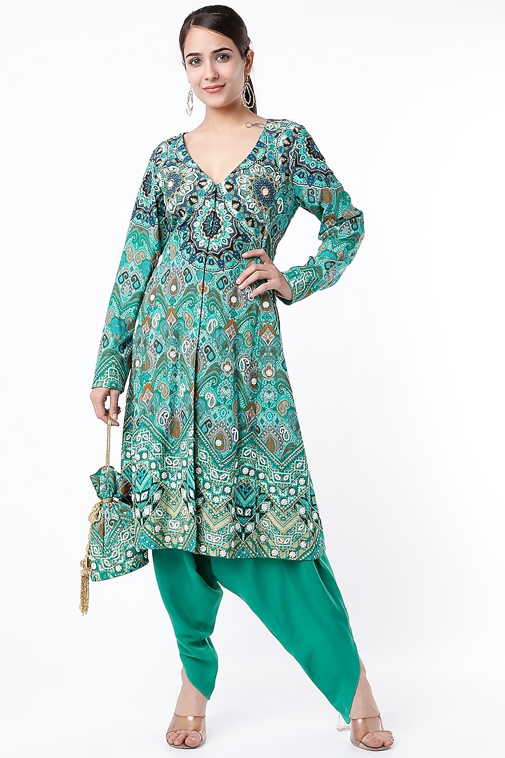 Turquoise Hand Embroidered Short Jacket Set by CHARU PARASHAR at Pernia's Pop Up Shop