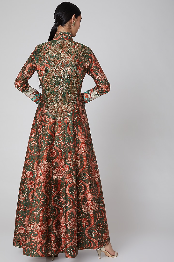 Emerald Green Printed Long Jacket by CHARU PARASHAR at Pernia's Pop Up Shop
