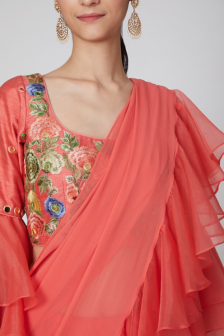Peach Printed Wedding Saree Set by CHARU PARASHAR at Pernia's Pop Up Shop