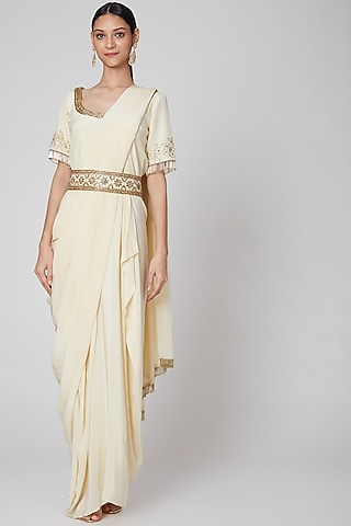 Off White Printed & Embroidered Saree Gown by CHARU PARASHAR