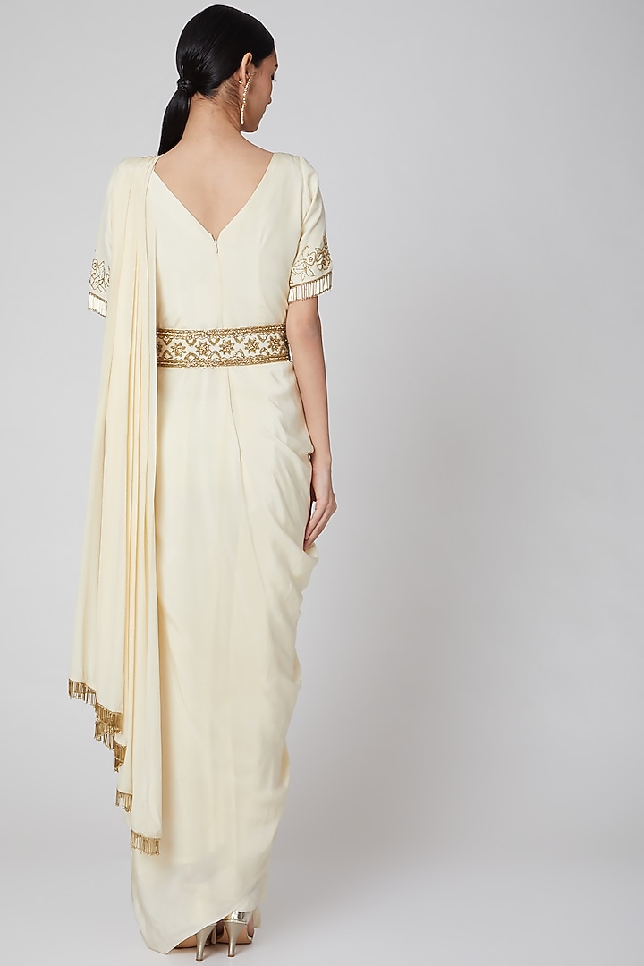 Off White Printed & Embroidered Wedding Saree Gown by CHARU PARASHAR at Pernia's Pop Up Shop