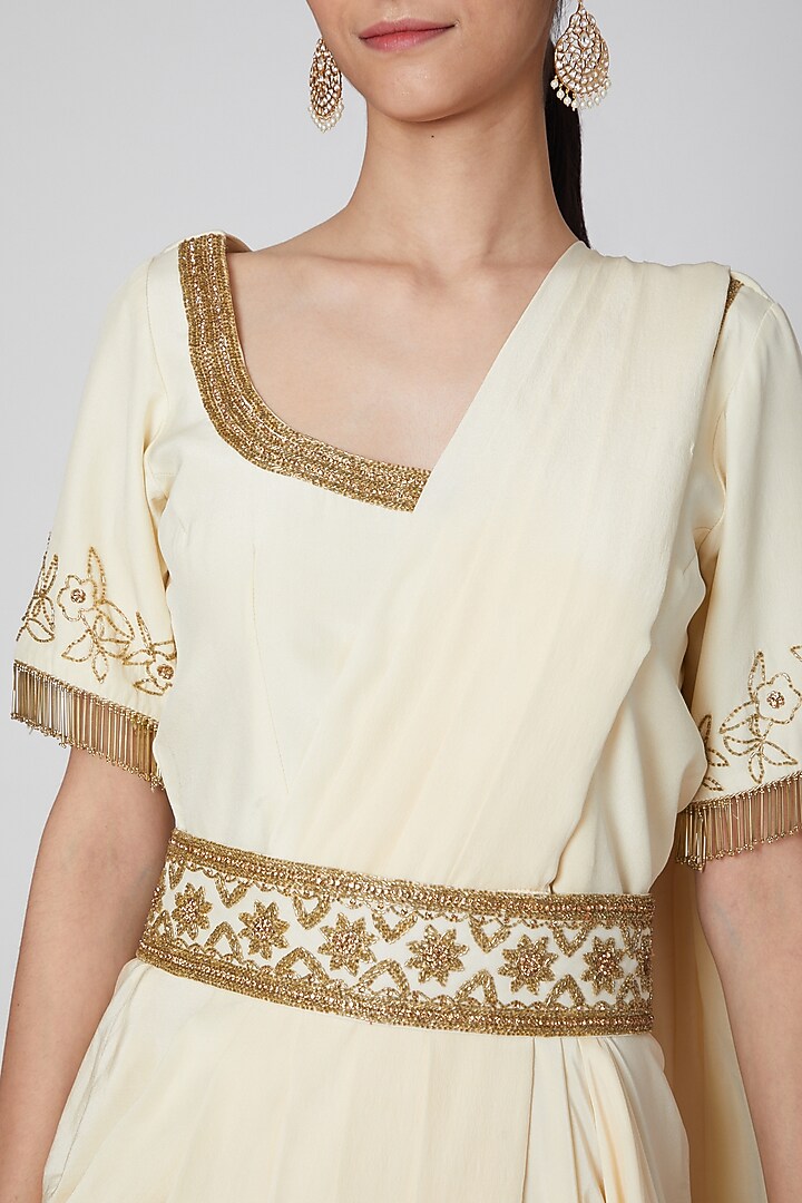 Off White Printed & Embroidered Wedding Saree Gown by CHARU PARASHAR at Pernia's Pop Up Shop