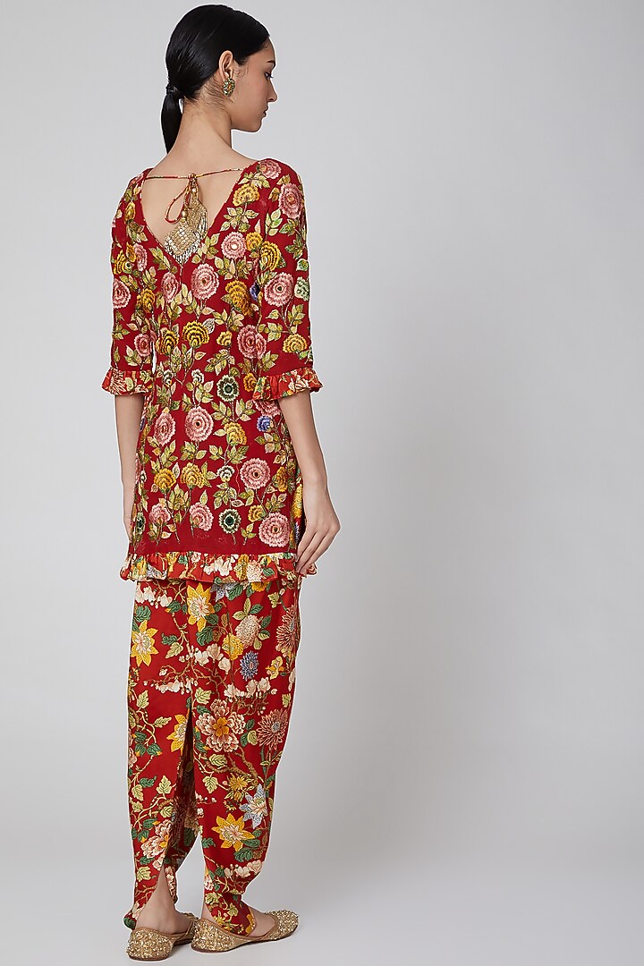 Red Printed Kurta With Dhoti by CHARU PARASHAR at Pernia's Pop Up Shop